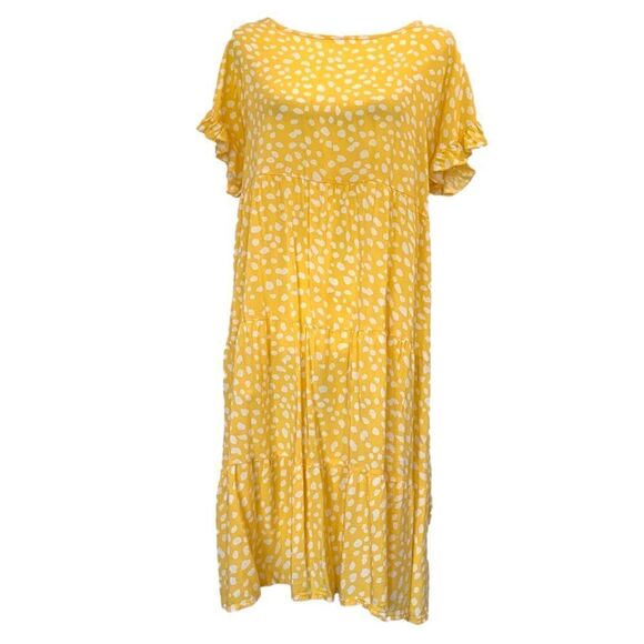 Dresses & Skirts - Women’s Yellow Speckle Tiered-Skirt Crewneck Shift Dress | L